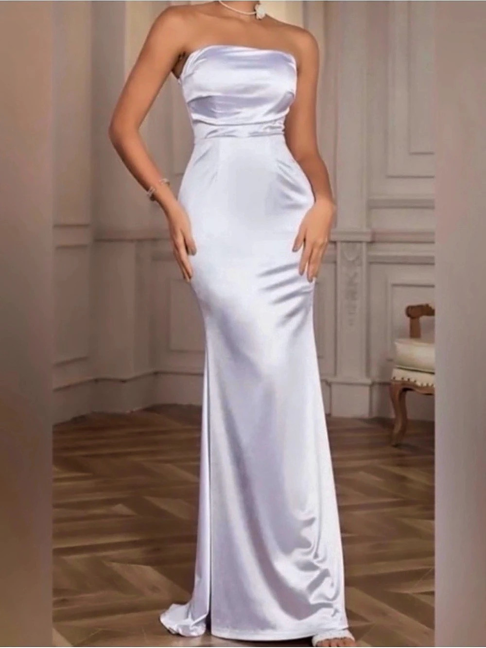 Strapless Satin-Look Maxi Dress in White